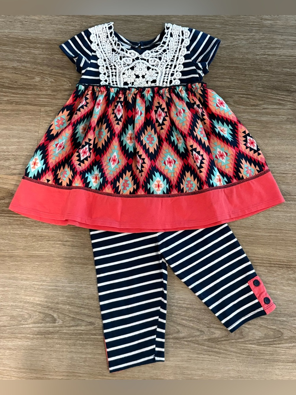 Bonnie Jean Girls Navy Stripe & Coral Aztec Knit Top w/ Navy Stripe Leggings 3T